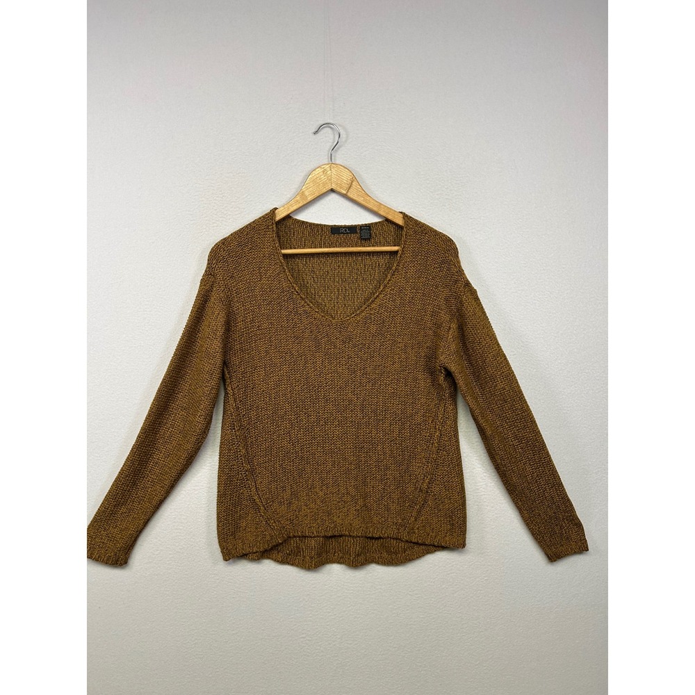 RDI Academia Earthy Boho‎ Women Medium Brown V-Neck Elbow Patch Knit Sweater